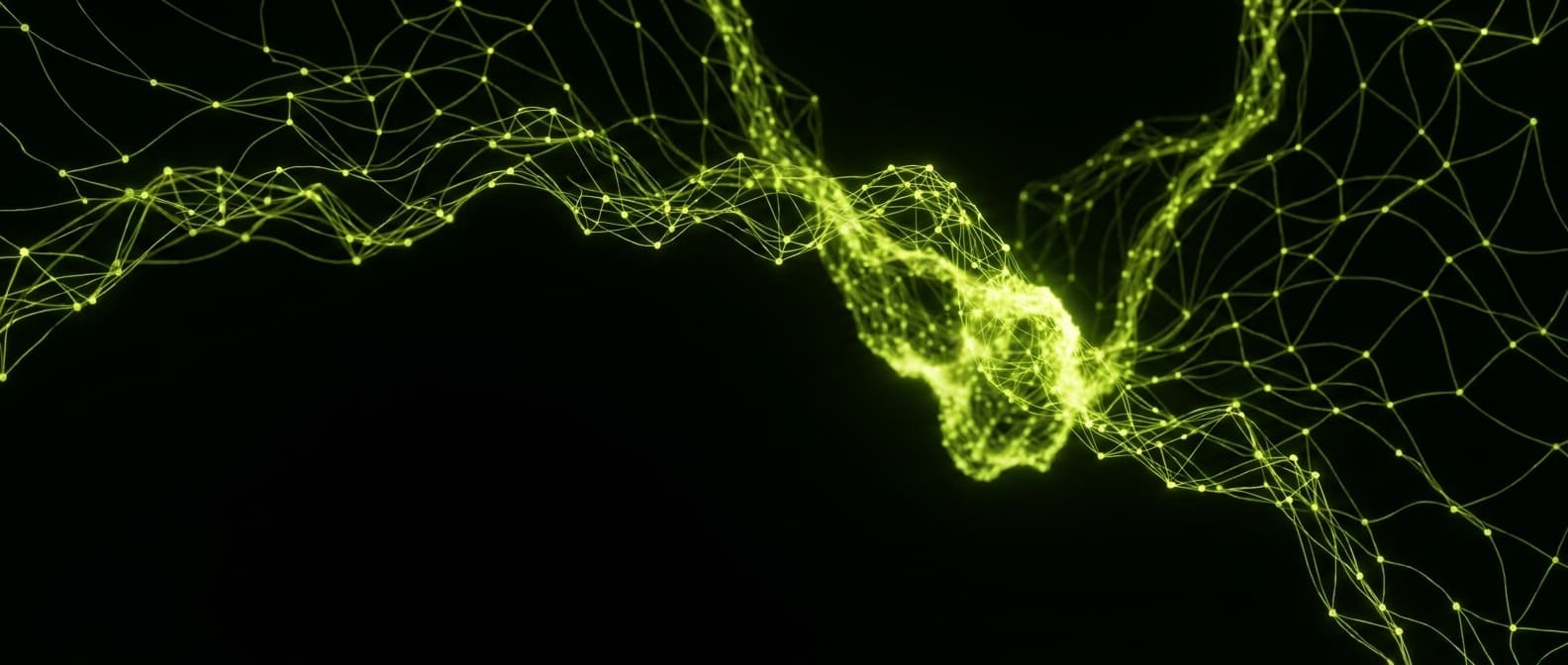 Abstract visualization: flowing green nodes on dark background — what is geo?