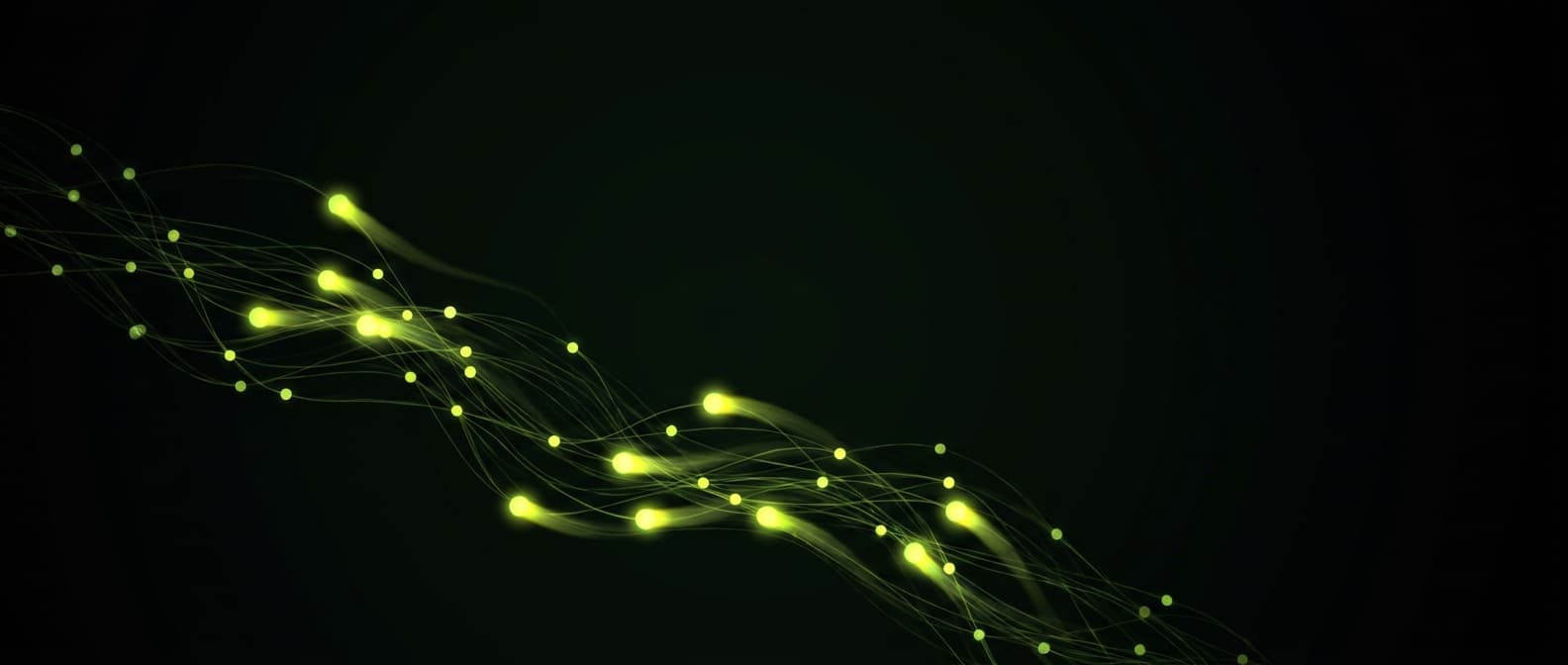 Abstract visualization: flowing green nodes on dark background — 12 geo quick wins you can ship this week