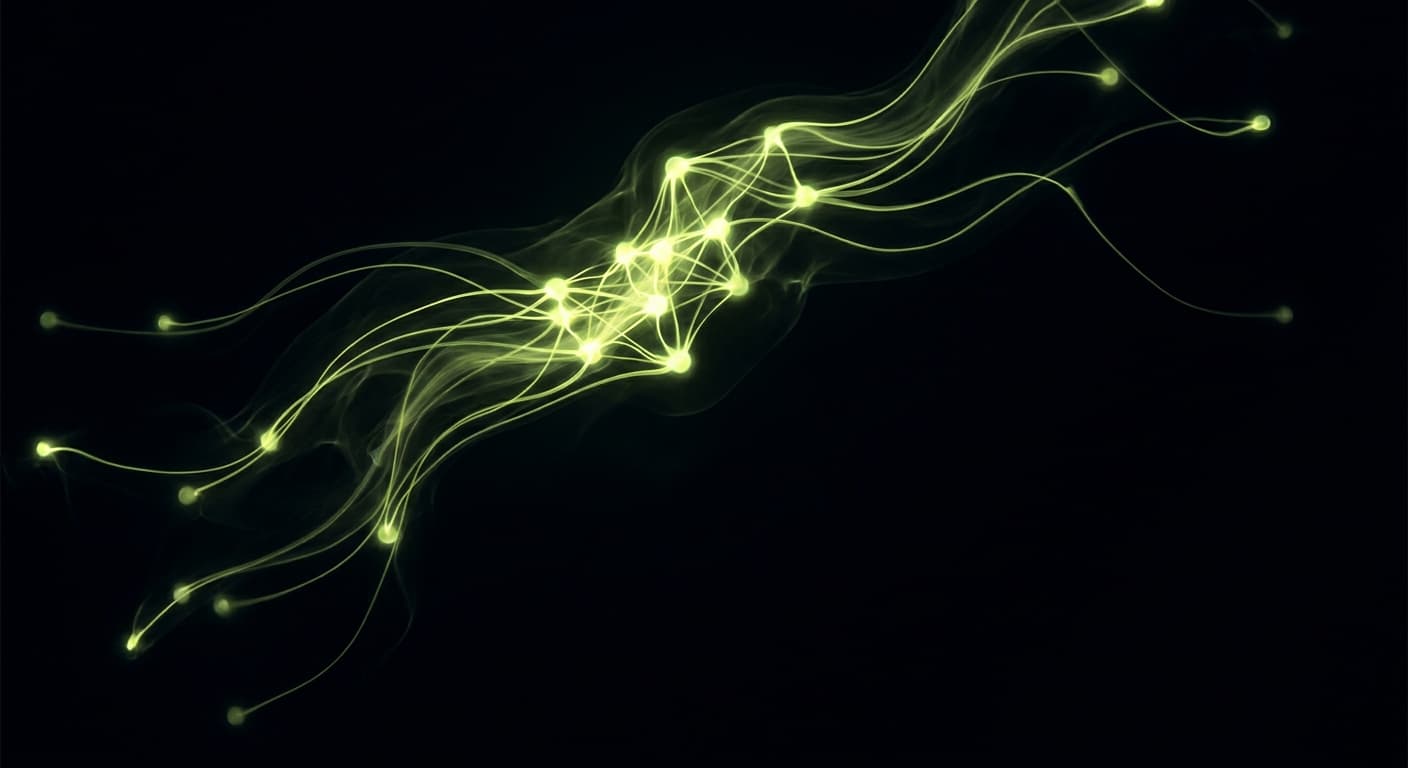 Abstract visualization: flowing green nodes on dark background — are ai citations actually driving revenue, or just vanity metrics?
