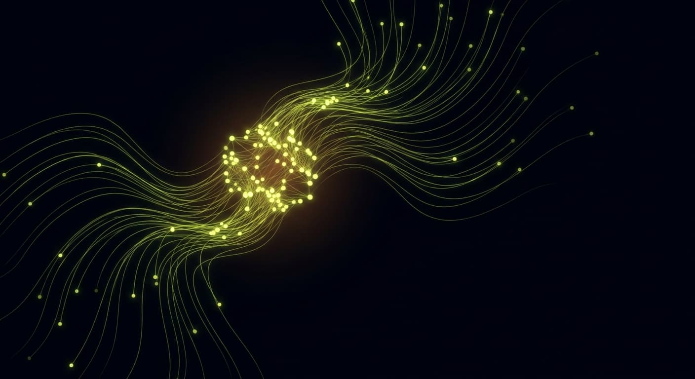 Abstract visualization: flowing green nodes on dark background — are youtube transcripts a hidden lever in google ai overviews?