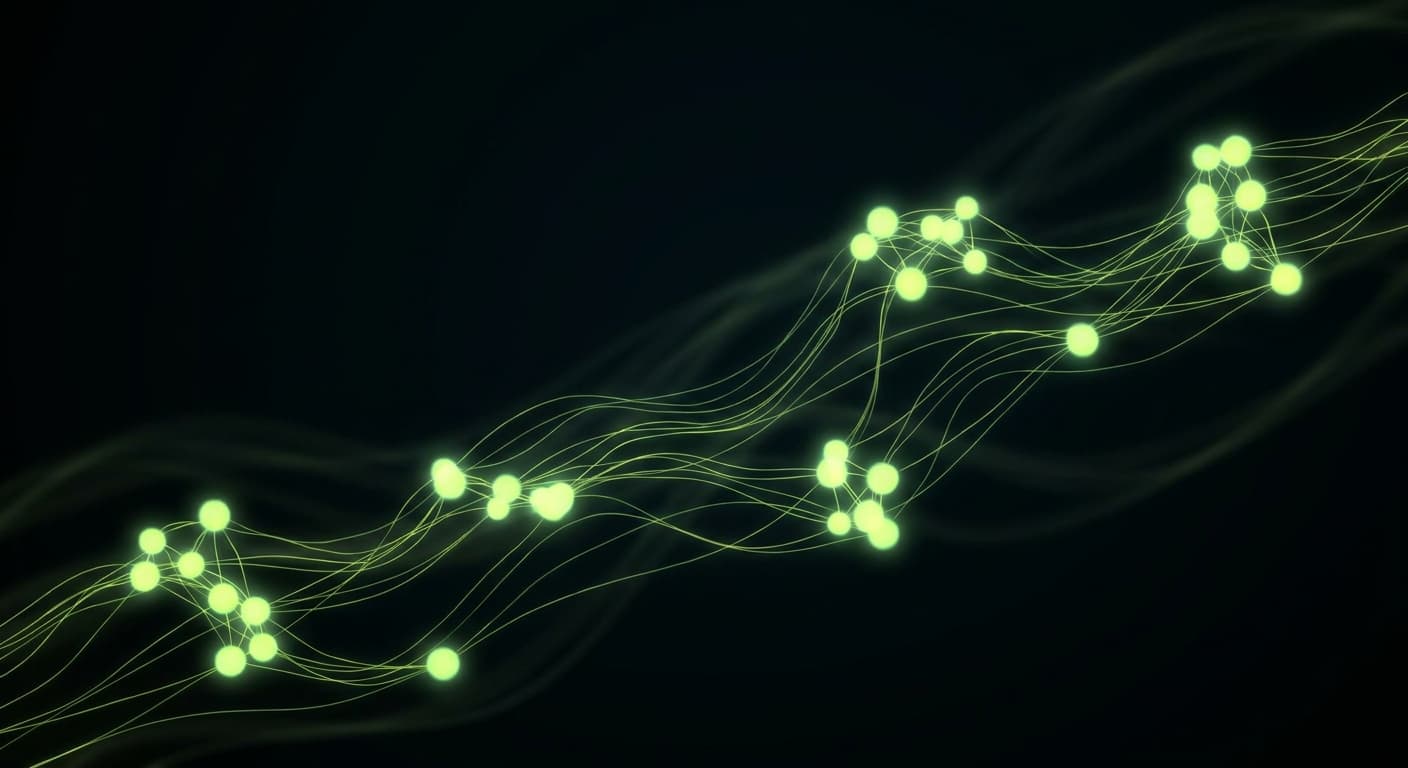 Abstract visualization: flowing green nodes on dark background — best enterprise geo platforms for multi-market brands
