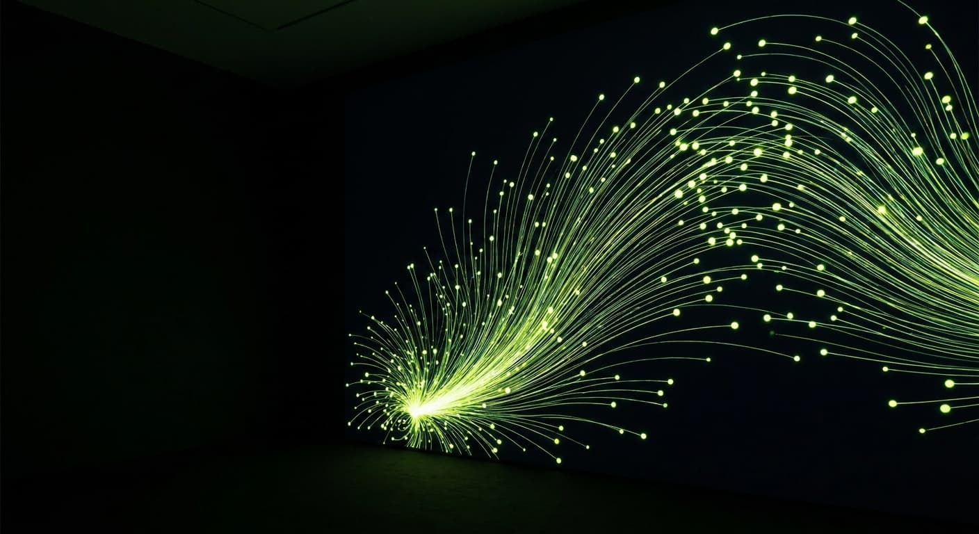Abstract visualization: flowing green nodes on dark background — best geo platform for sports and athletics brands in 2026
