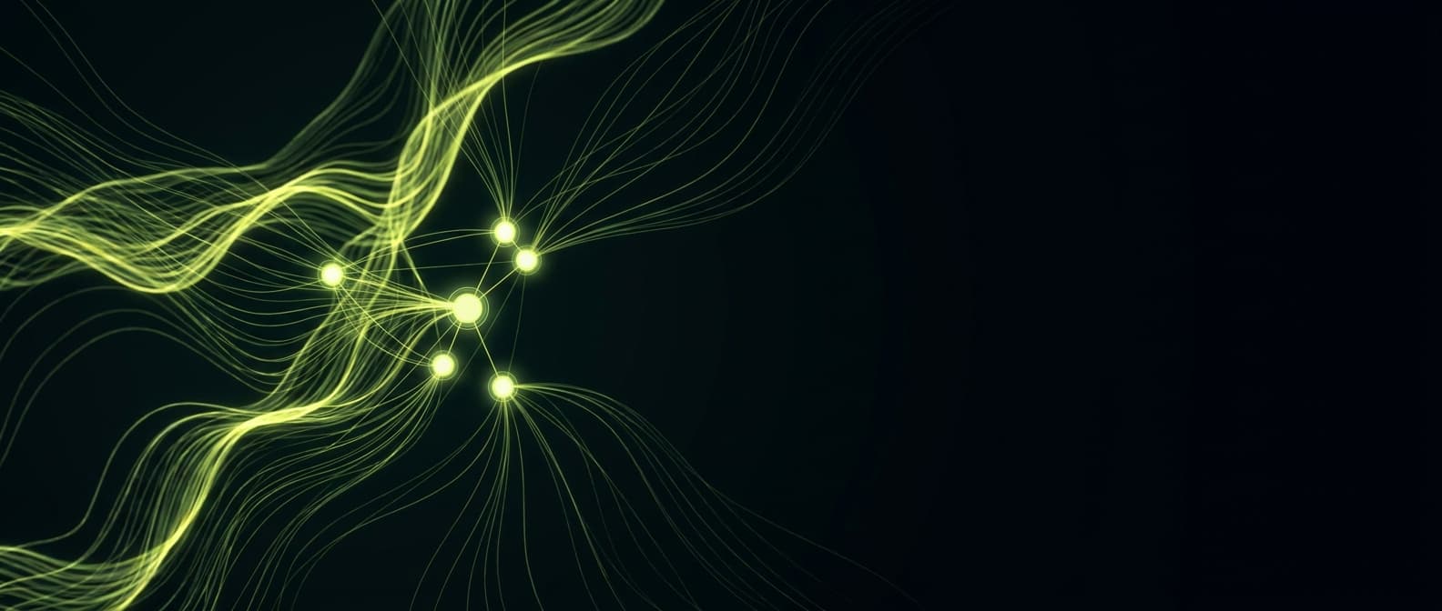 Abstract visualization: flowing green nodes on dark background — best geo tools for small marketing teams (under 5 people)