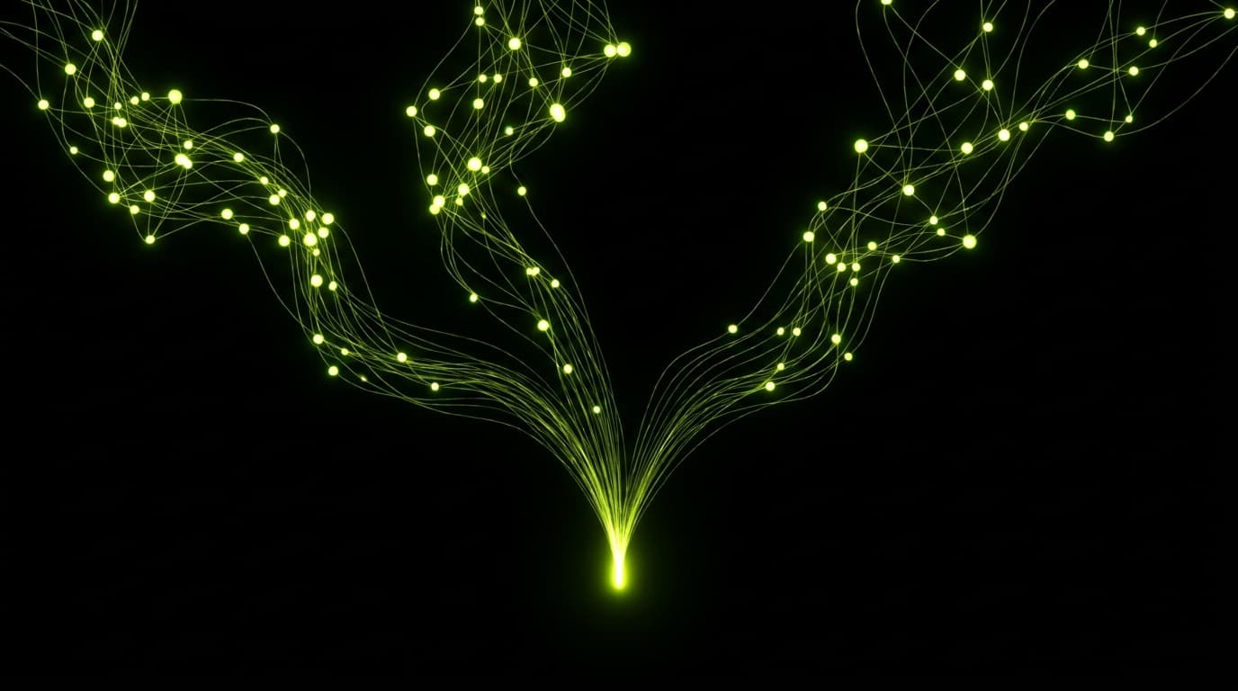 Abstract visualization: flowing green nodes on dark background — bottom-of-funnel geo prompt examples for saas, b2b, and ecommerce