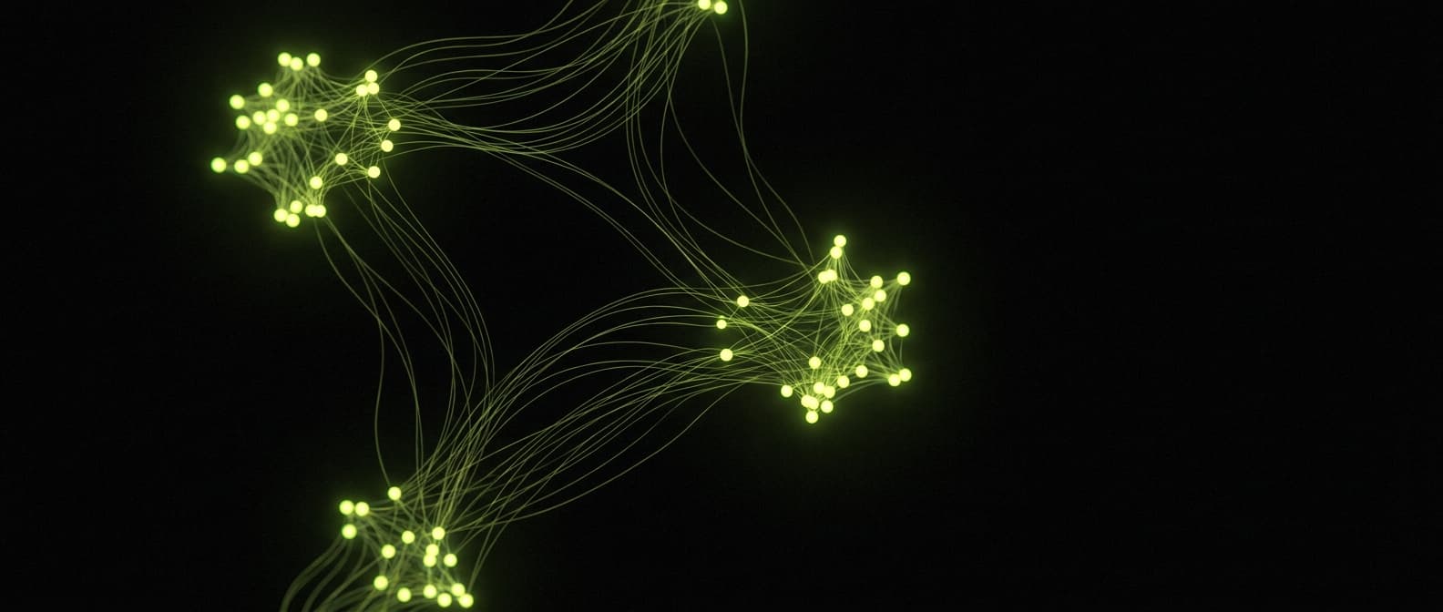 Abstract visualization: flowing green nodes on dark background — citation, mention, reference: the vocabulary of ai search explained