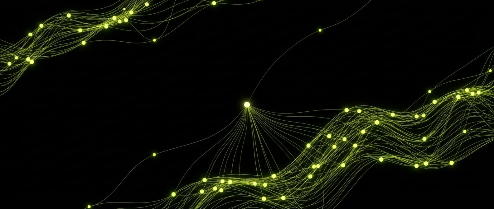 Abstract visualization: flowing green nodes on dark background — claude's brave search dependency and why it changes your geo strategy