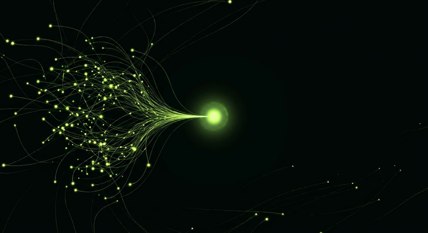 Abstract visualization: flowing green nodes on dark background — g2 and capterra for geo: how review platforms quietly drive ai citations
