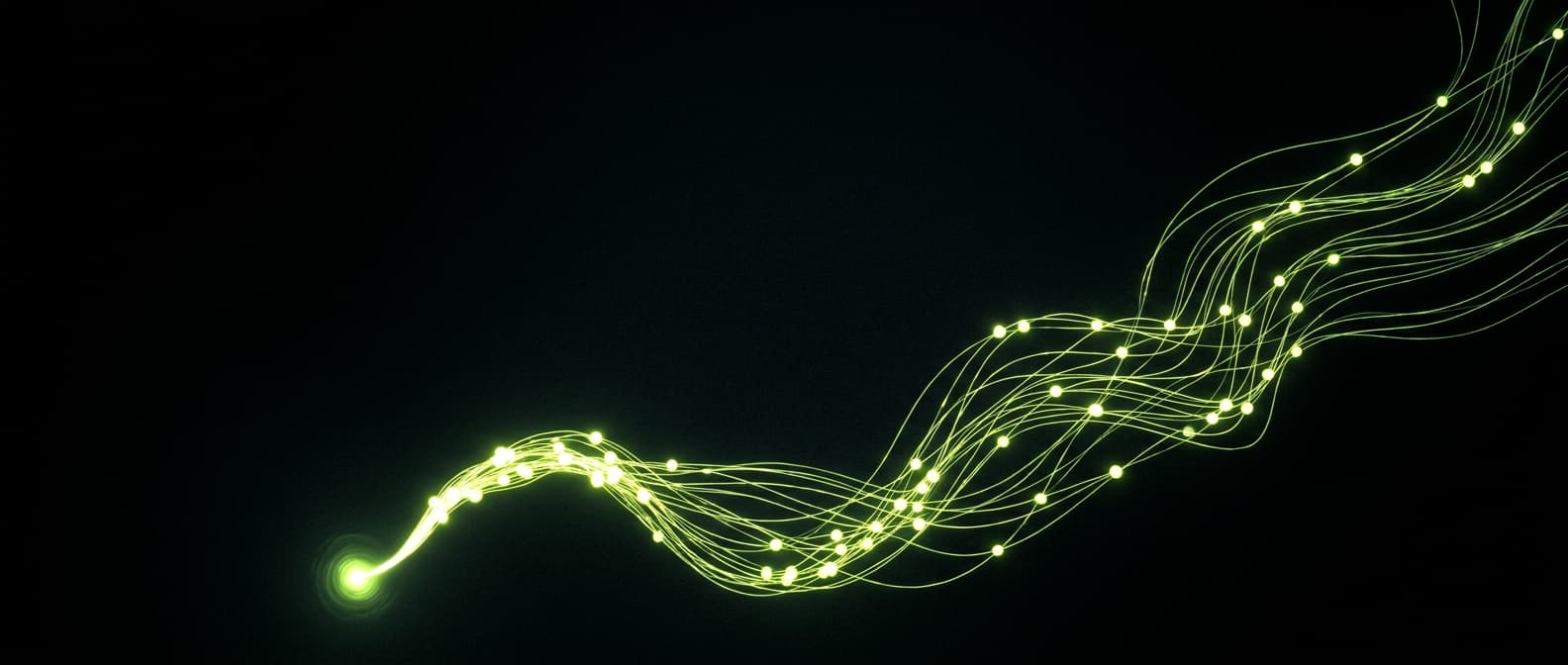 Abstract visualization: flowing green nodes on dark background — geo 101: how to get started in 2026 (no prior seo experience required)