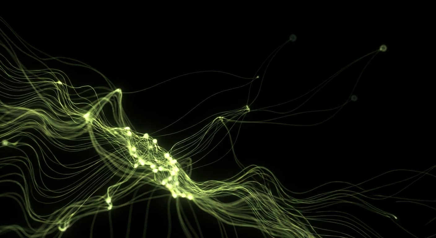 Abstract visualization: flowing green nodes on dark background — geo and brand: why strong brands get cited and weak ones don't