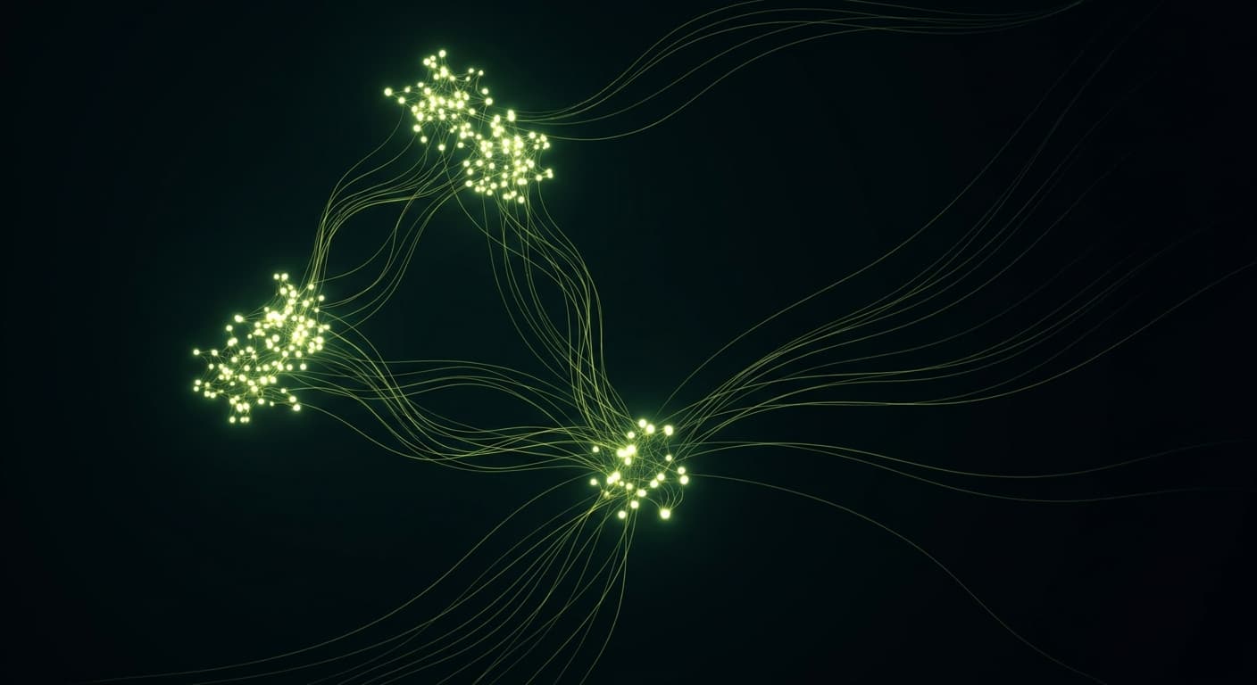 Abstract visualization: flowing green nodes on dark background — geo for cmos: the three questions to ask your team this quarter