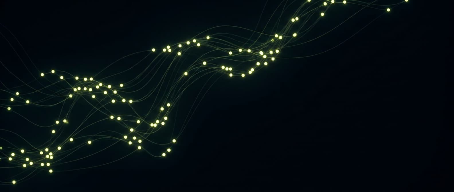 Abstract visualization: flowing green nodes on dark background — geo for destination marketing and sovereign brands: a field guide