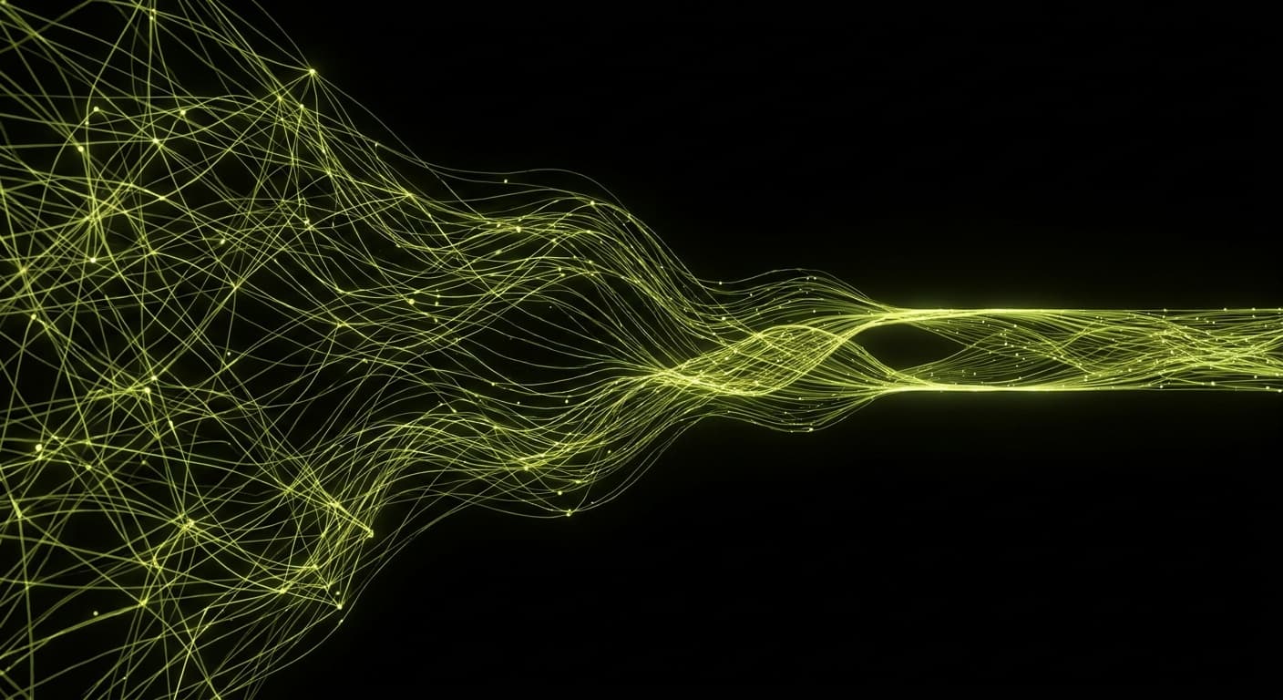 Abstract visualization: flowing green nodes on dark background — geo for financial services: why compliance changes the playbook