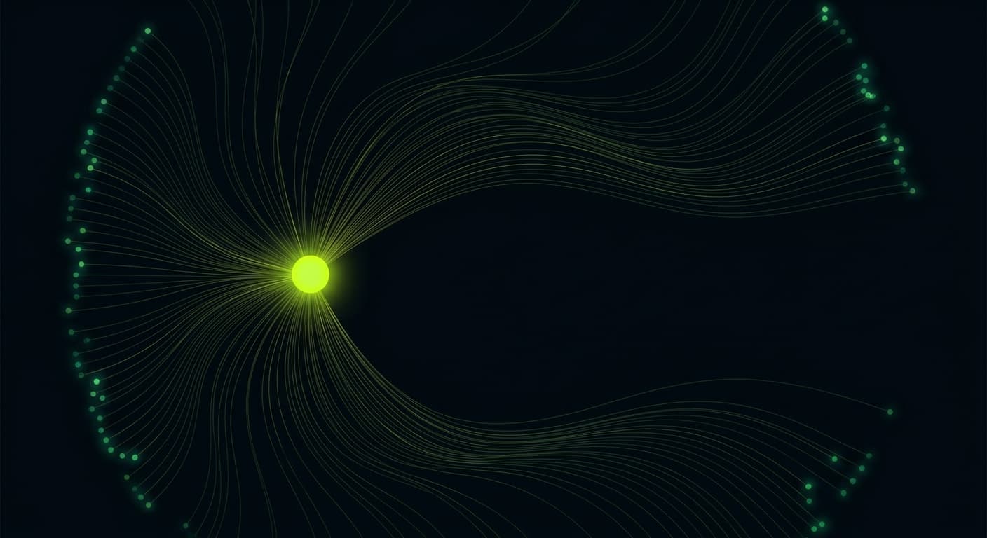 Abstract visualization: flowing green nodes on dark background — geo for founders: why it's not a marketing tactic anymore