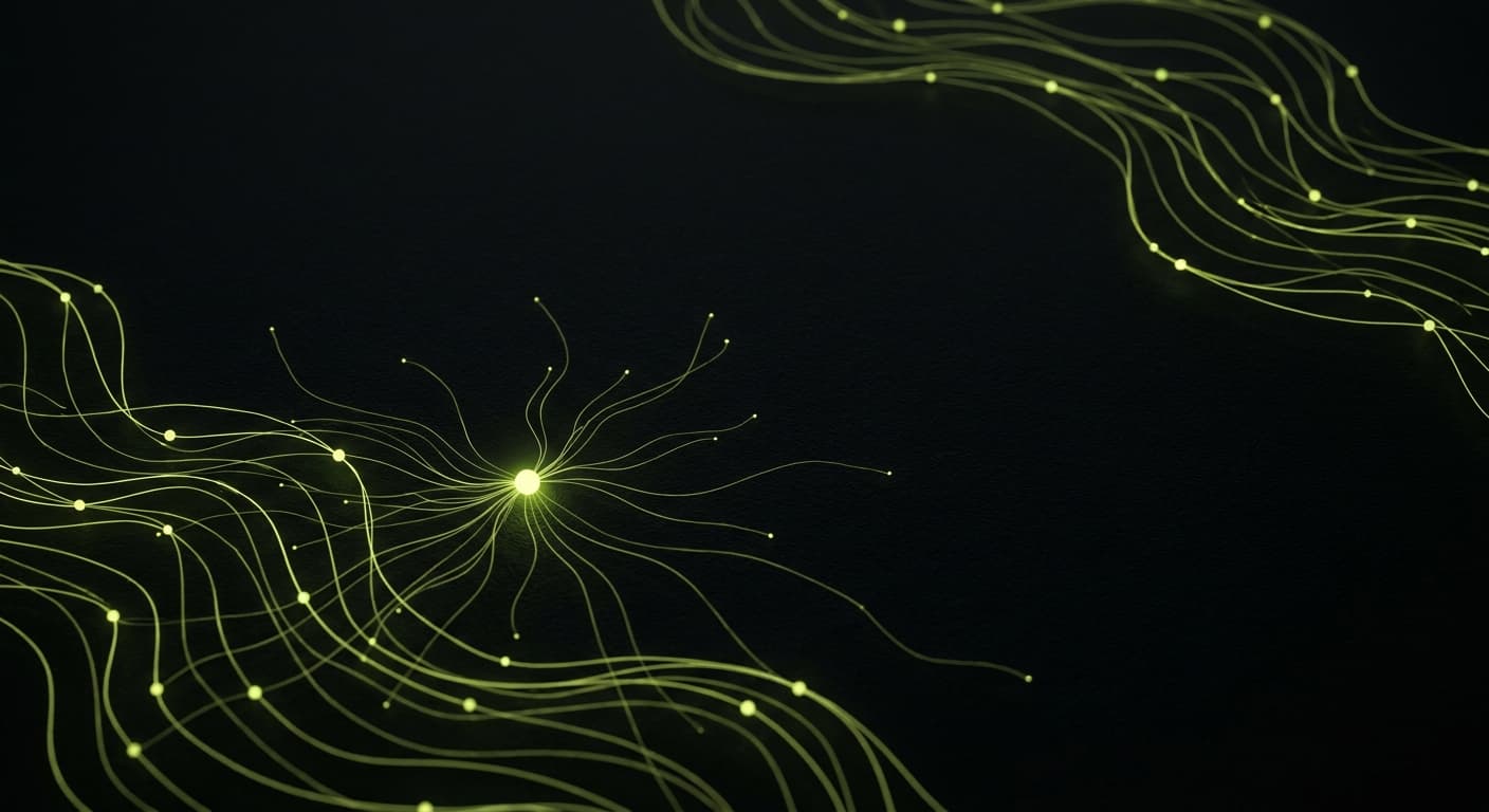 Abstract visualization: flowing green nodes on dark background — geo for freelancers: how to add the service without bluffing
