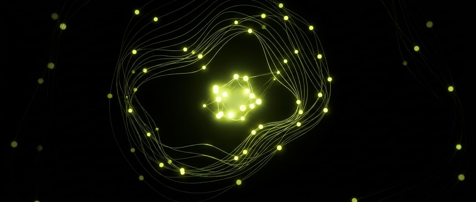 Abstract visualization: flowing green nodes on dark background — geo for healthcare brands: what ymyl and hipaa mean for ai visibility