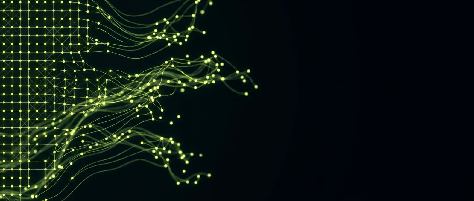 Abstract visualization: flowing green nodes on dark background — geo for hotels and hospitality brands: why the old seo playbook quietly stopped working