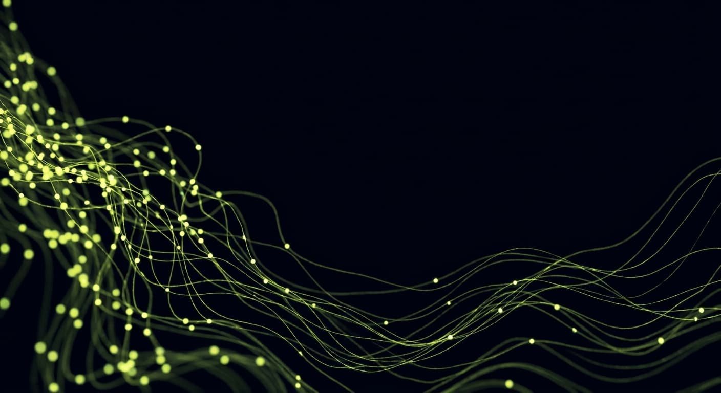 Abstract visualization: flowing green nodes on dark background — geo for pr teams: why your earned media strategy has to change