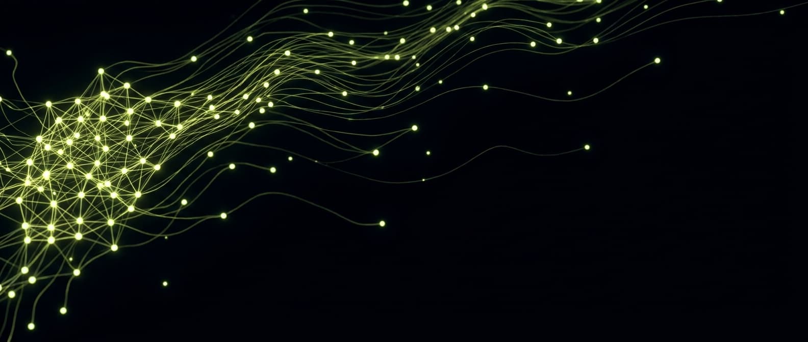 Abstract visualization: flowing green nodes on dark background — geo for real estate brands: local discovery in the ai search era