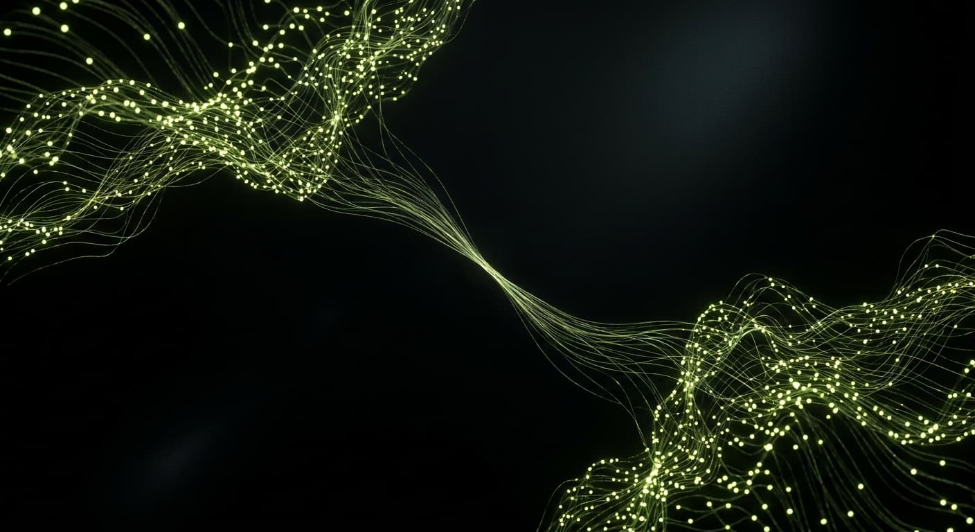 Abstract visualization: flowing green nodes on dark background — geo for seo pros: what carries over and what you have to unlearn