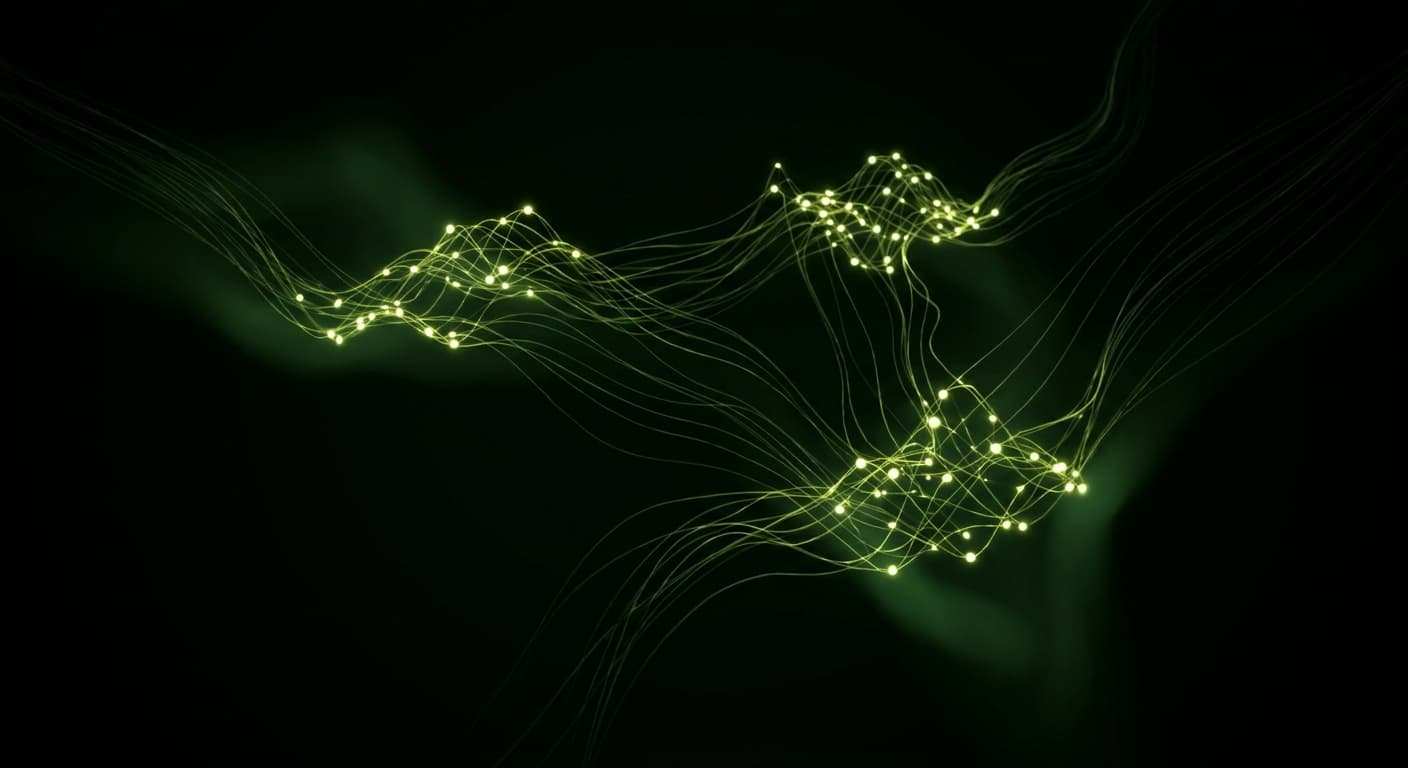 Abstract visualization: flowing green nodes on dark background — geo in the us vs uk vs australia: why the citation behaviour differs