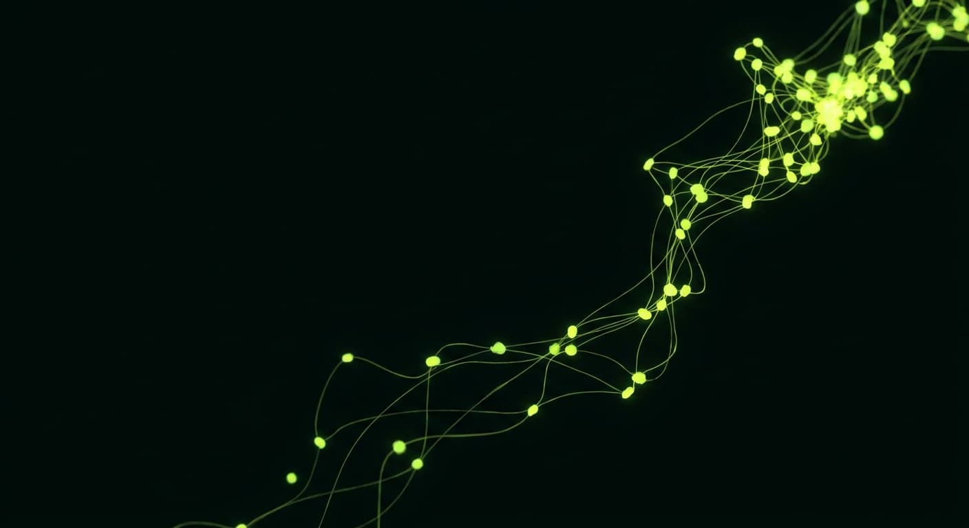 Abstract visualization: flowing green nodes on dark background — geo in year one: a realistic roadmap from zero to citable