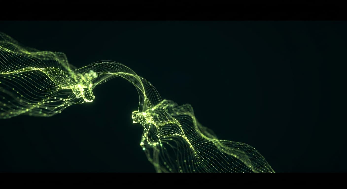 Abstract visualization: flowing green nodes on dark background — geo + pr: why your earned media mix should shift this year
