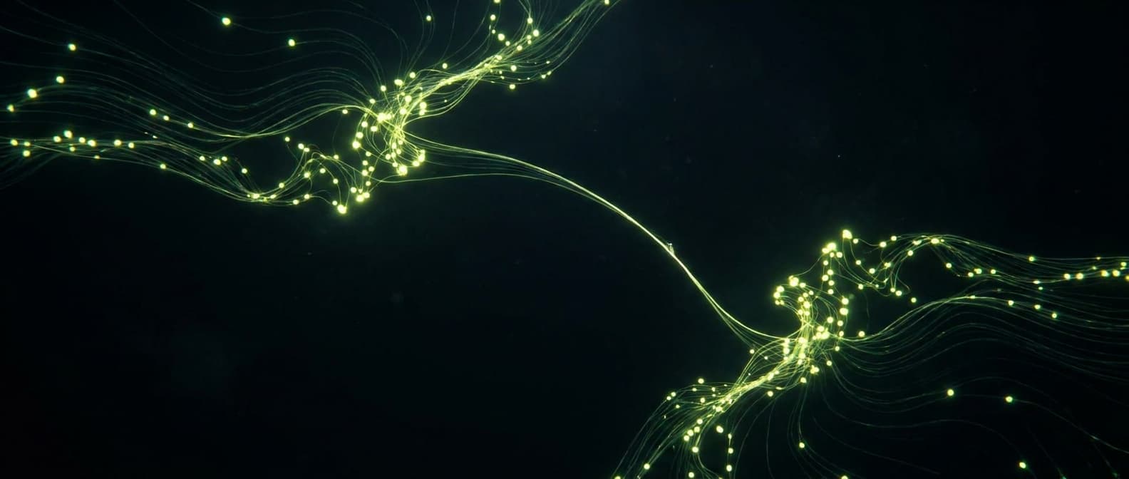 Abstract visualization: flowing green nodes on dark background — geo + traditional seo: how to run both without duplicating work