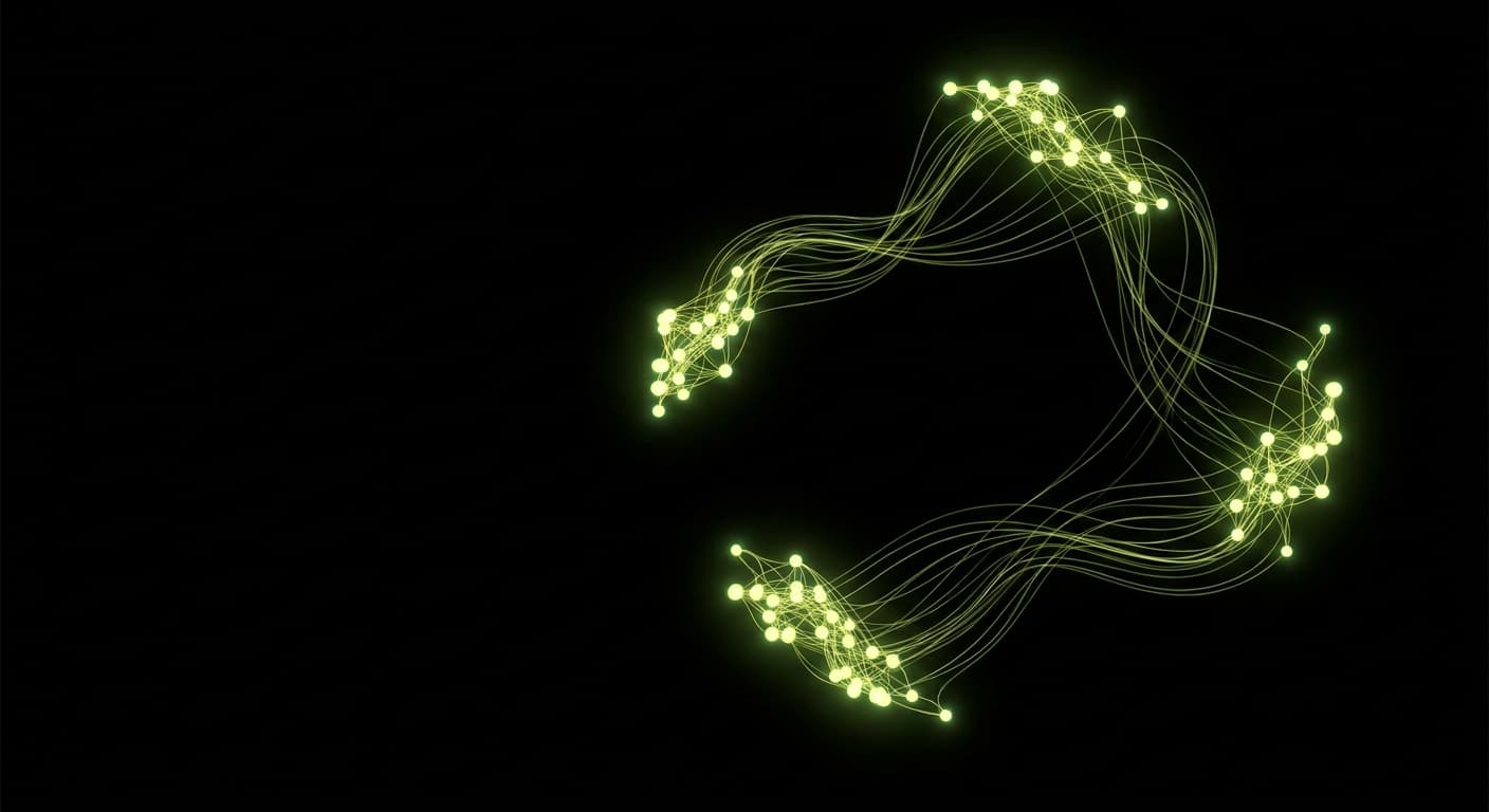 Abstract visualization: flowing green nodes on dark background — geo vs seo vs aeo