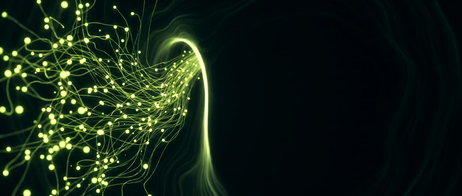 Abstract visualization: flowing green nodes on dark background — how chatgpt actually chooses citations: bing, authority, and the 87% rule