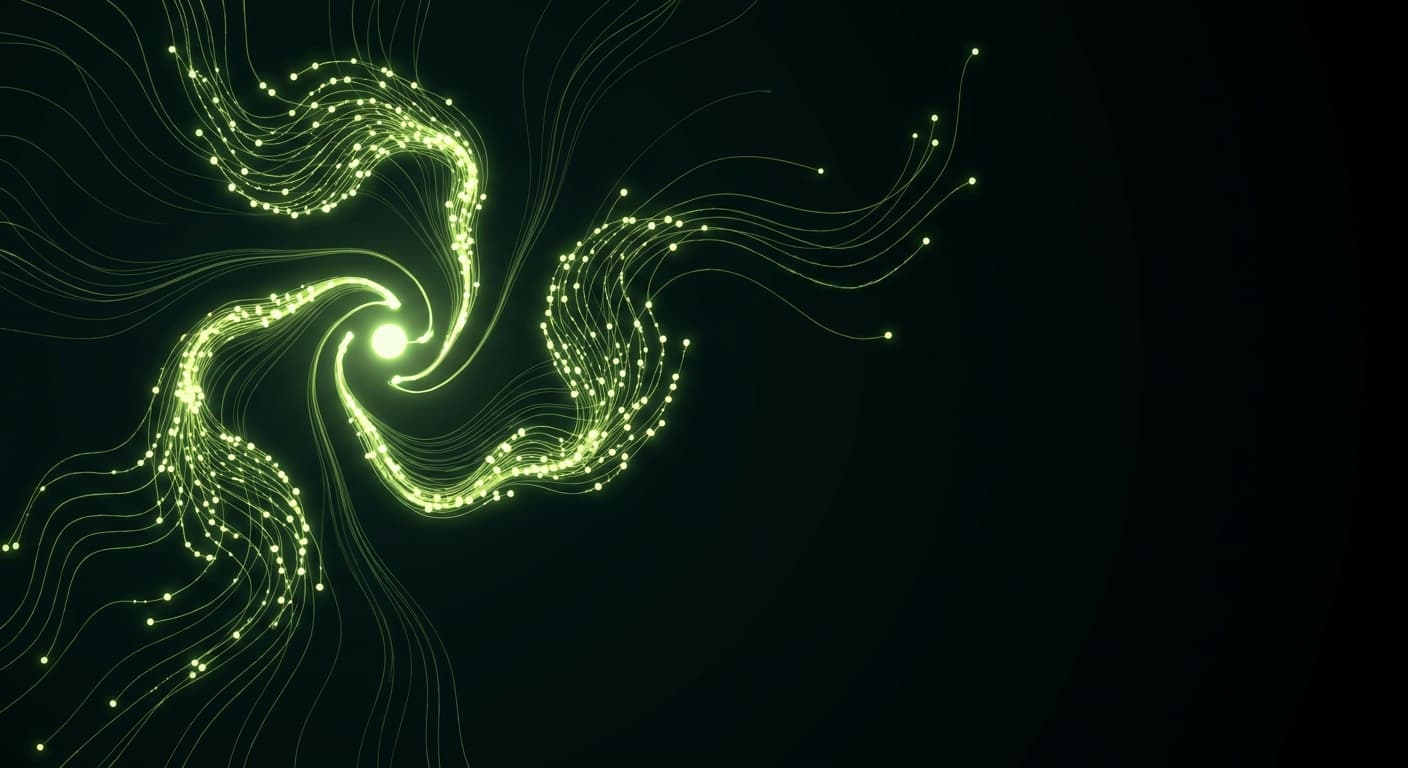 Abstract visualization: flowing green nodes on dark background — how chatgpt, perplexity, and google ai overviews handle arabic queries differently