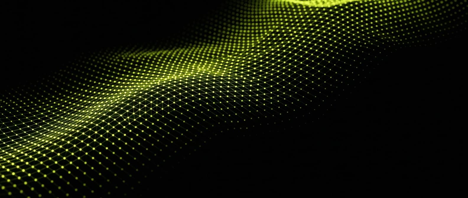 Abstract visualization: flowing green nodes on dark background — how many prompts to track for geo best practice guide