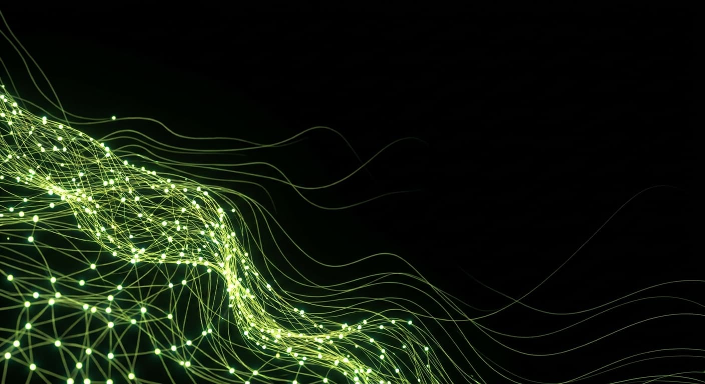 Abstract visualization: flowing green nodes on dark background — how perplexity citations really work: the 10% overlap problem explained