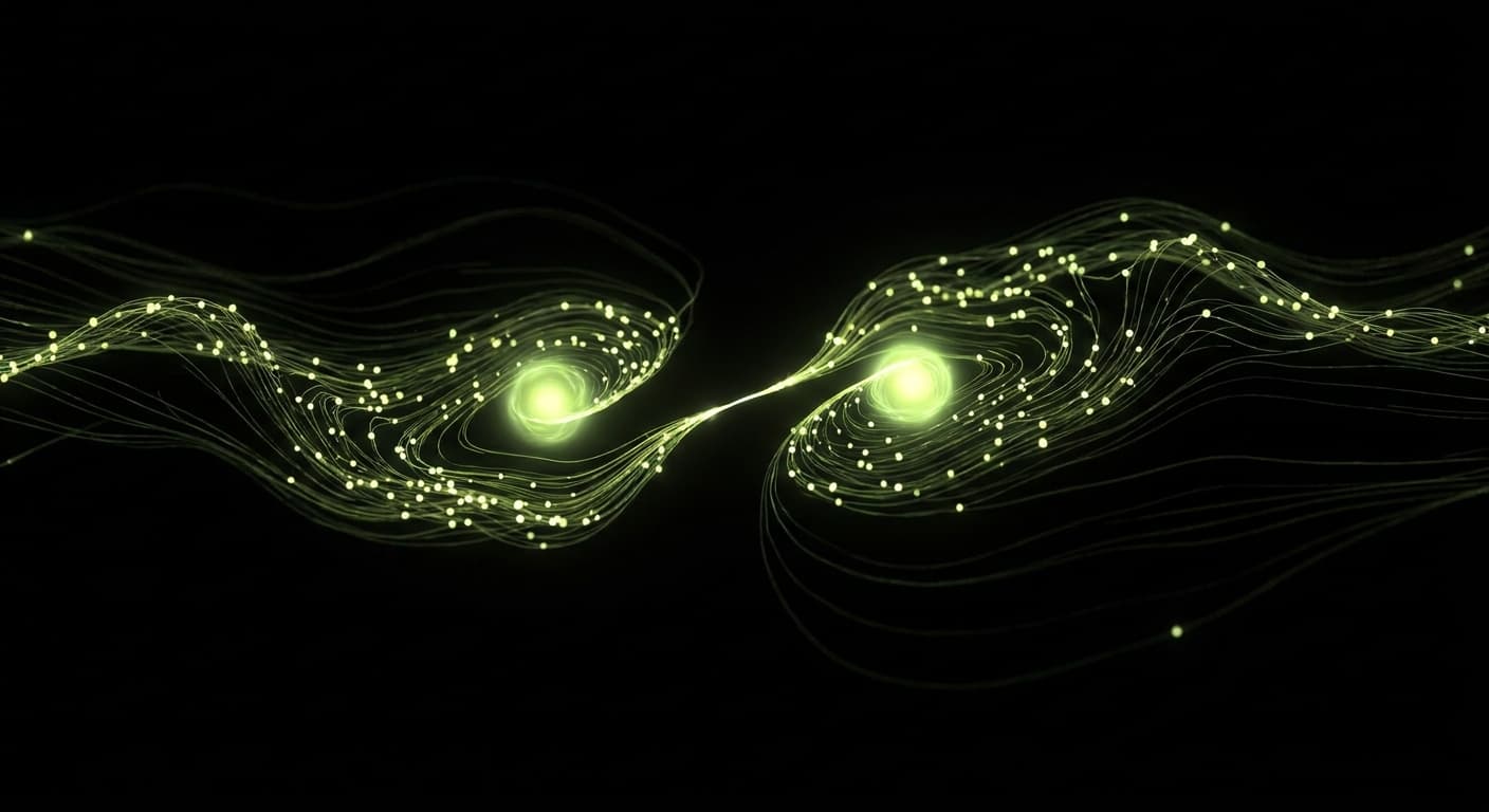 Abstract visualization: flowing green nodes on dark background — how to brief a writer for a geo-optimised post without killing their voice