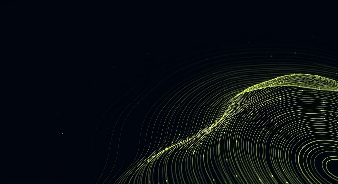 Abstract visualization: flowing green nodes on dark background — how to build a geo prompt universe that reflects real search demand