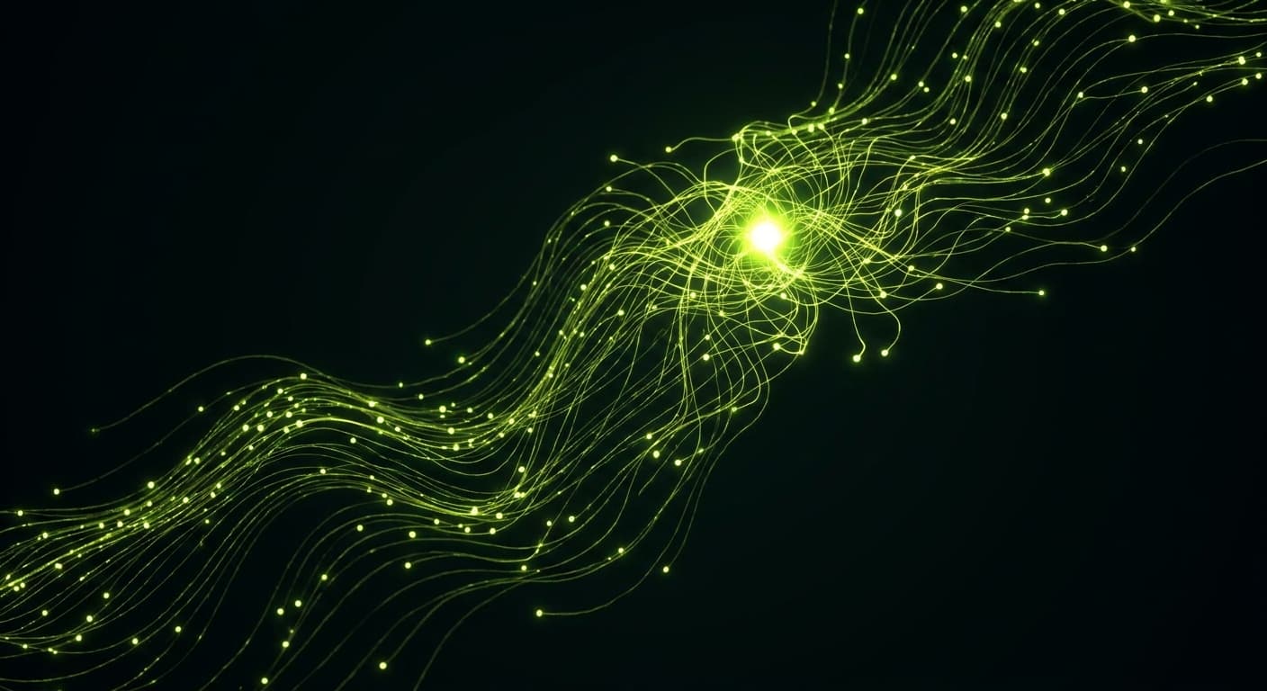 Abstract visualization: flowing green nodes on dark background — how to build wikipedia-acceptable sources for your brand (without faking it)
