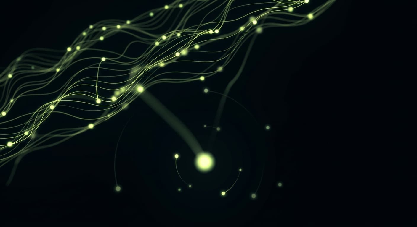 Abstract visualization: flowing green nodes on dark background — how to calculate share of voice in ai search (without fooling yourself)