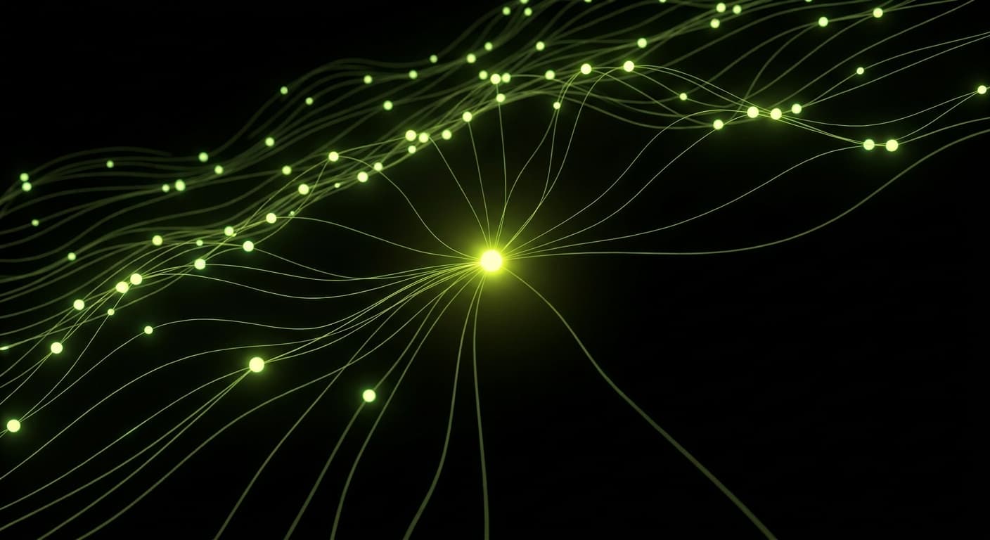 Abstract visualization: flowing green nodes on dark background — how to find prompts to track your ai search visibility