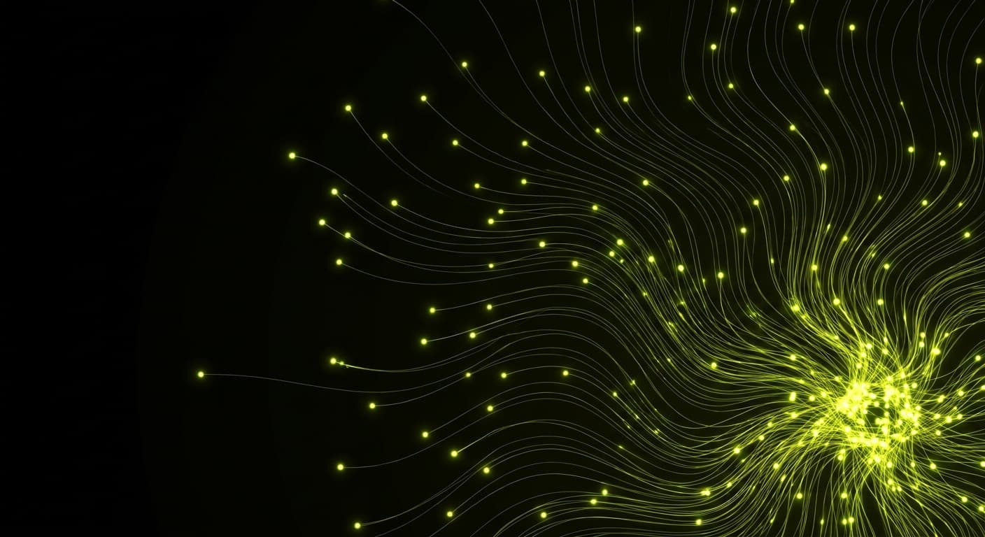 Abstract visualization: flowing green nodes on dark background — how to get your site indexed by brave search in 2026