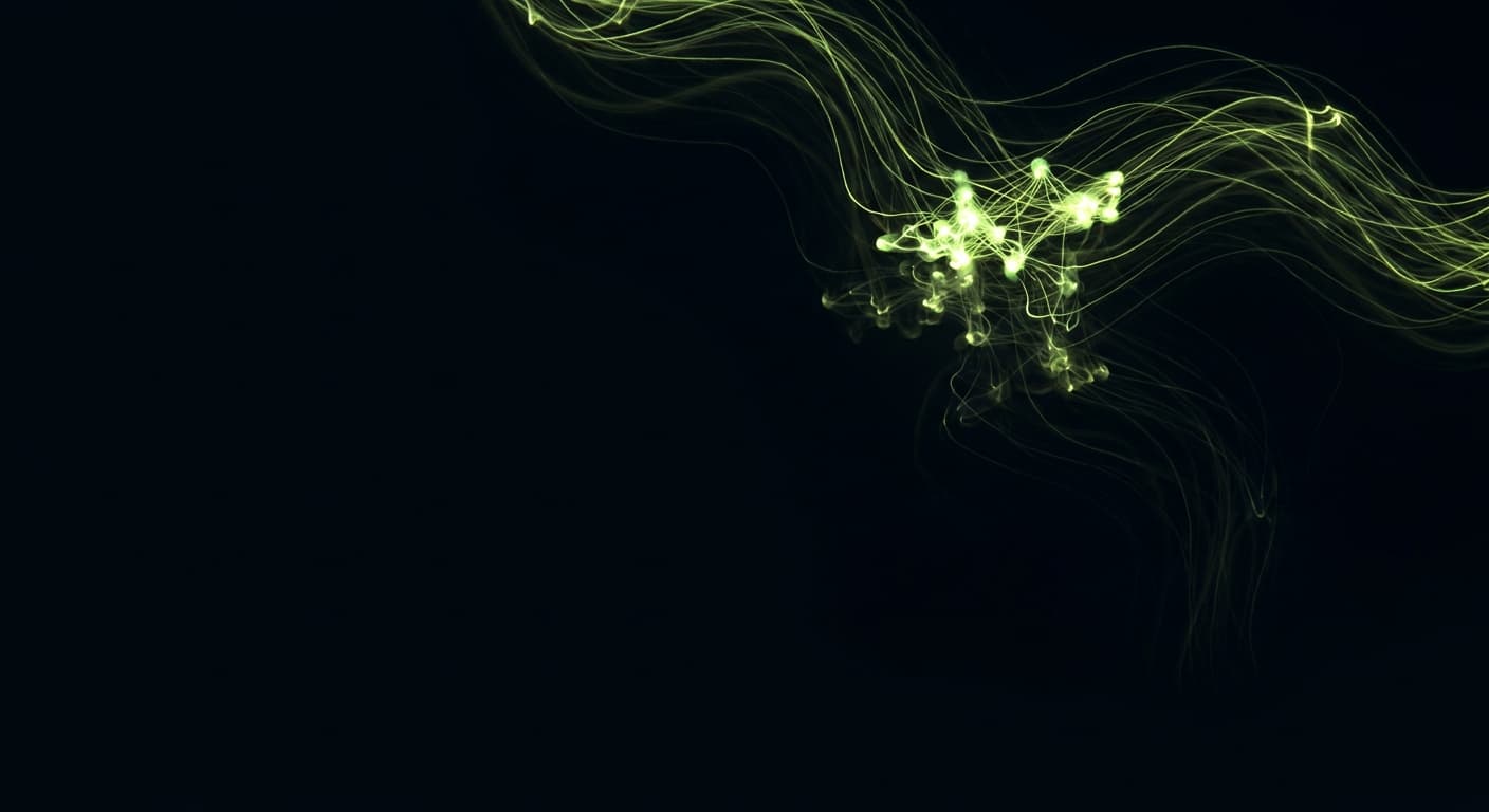 Abstract visualization: flowing green nodes on dark background — how to handle hallucinated brand mentions in ai search