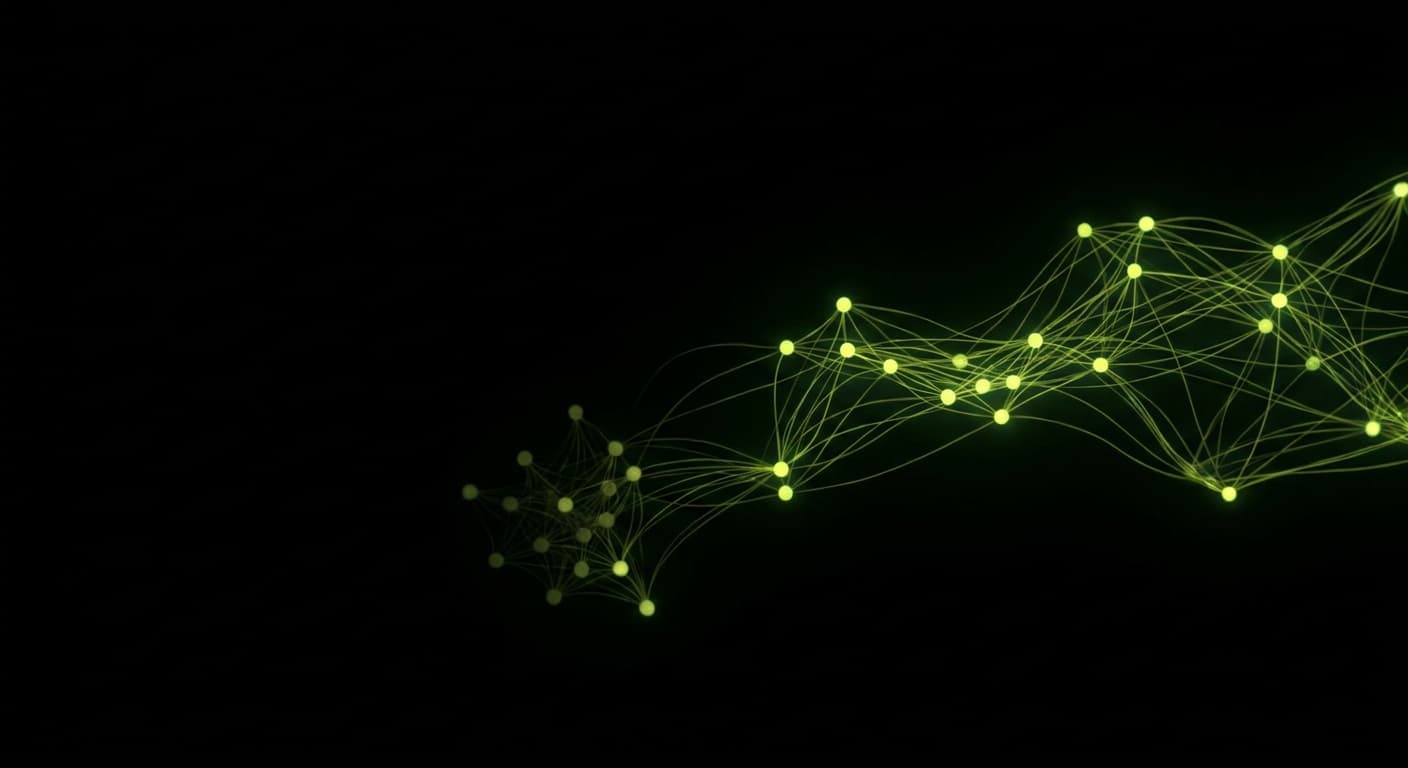 Abstract visualization: flowing green nodes on dark background — how to justify a geo investment to a finance team that's never heard of it