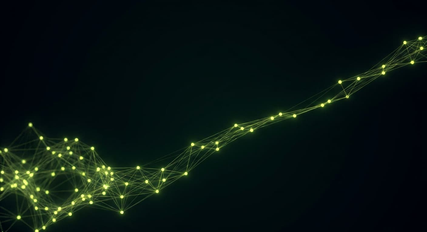 Abstract visualization: flowing green nodes on dark background — how to report geo to a skeptical ceo (template included)