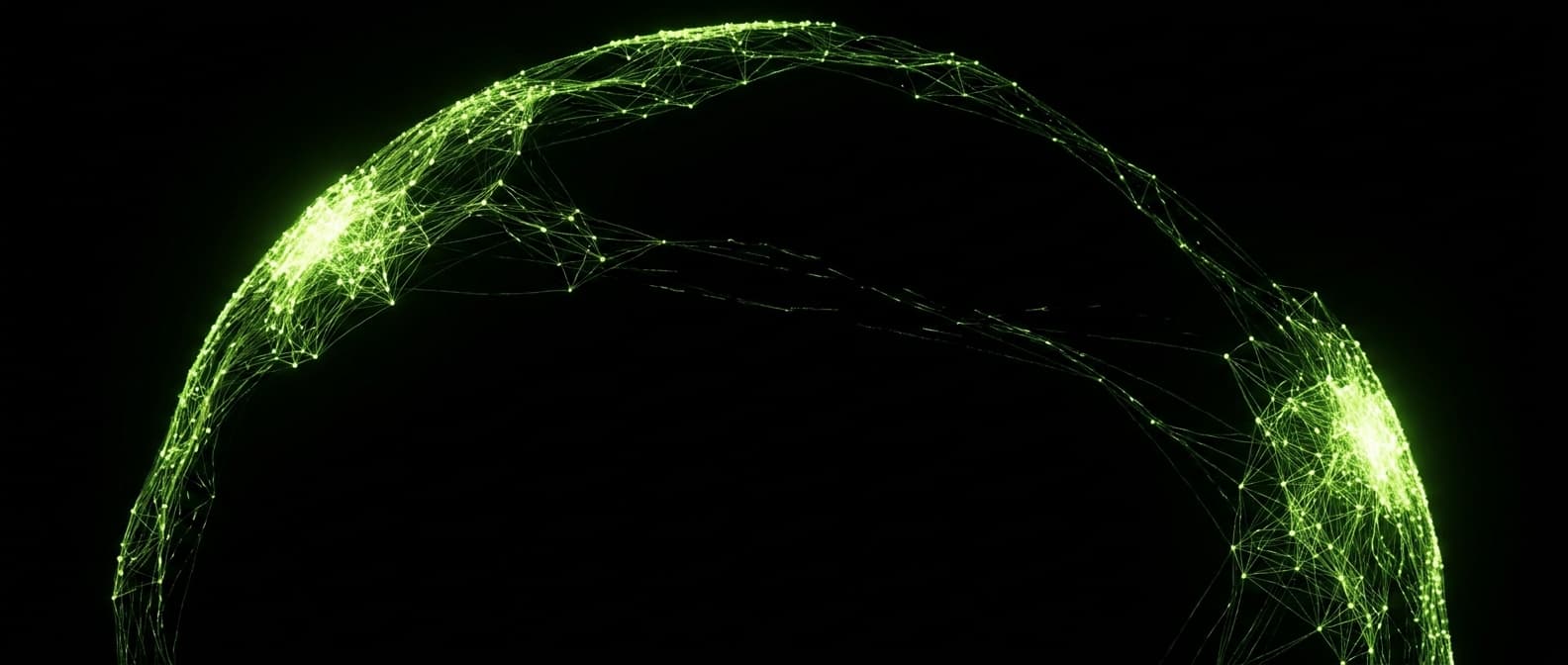Abstract visualization: flowing green nodes on dark background — how to track geo for global brands across markets and the gaps most people miss