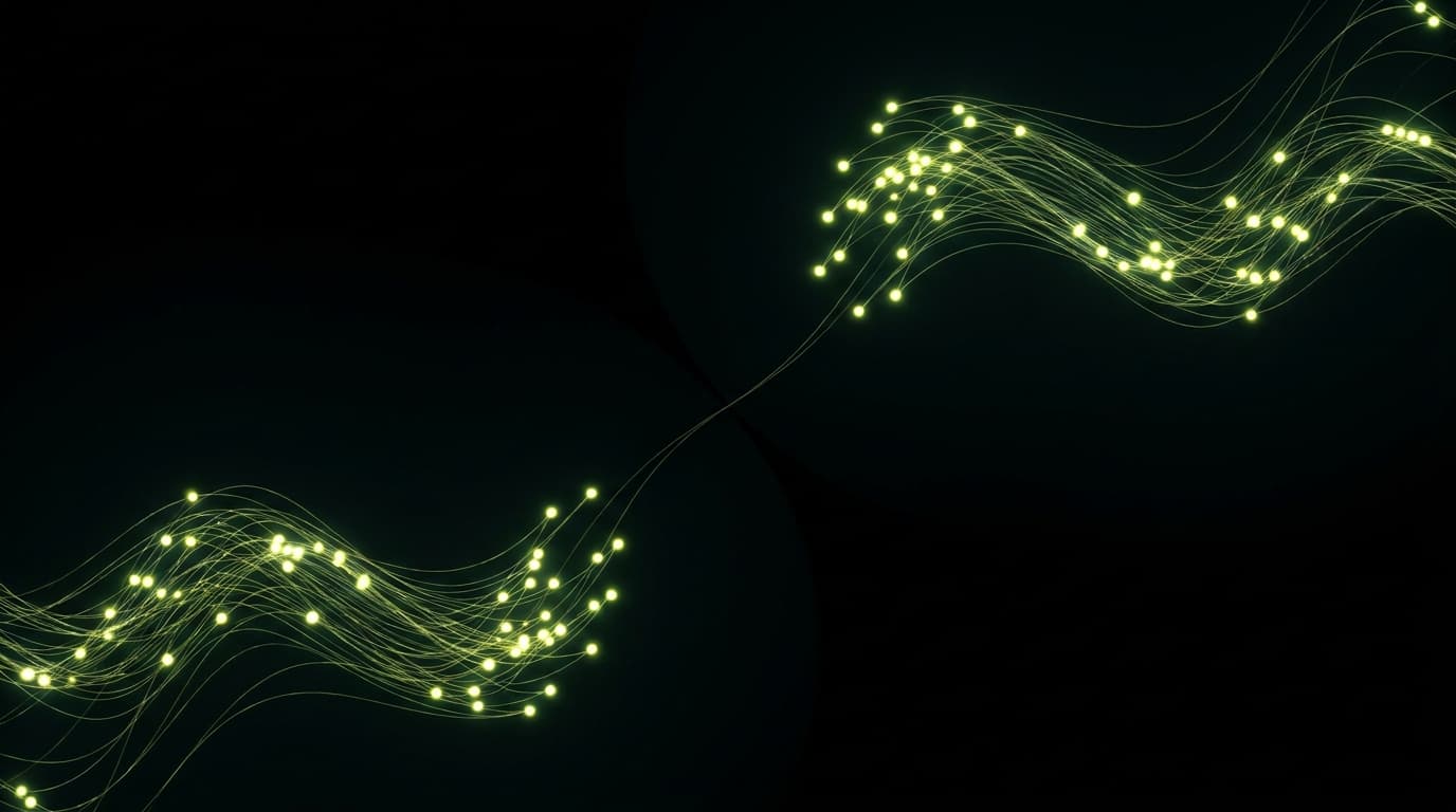 Abstract visualization: flowing green nodes on dark background — in-house vs agency for geo: a cost-honest comparison