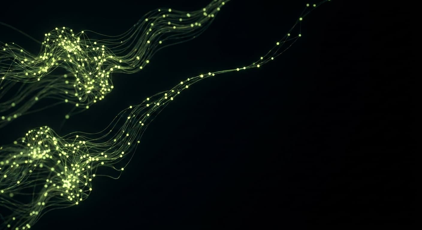 Abstract visualization: flowing green nodes on dark background — is chatgpt really replacing google? what the 2026 data says
