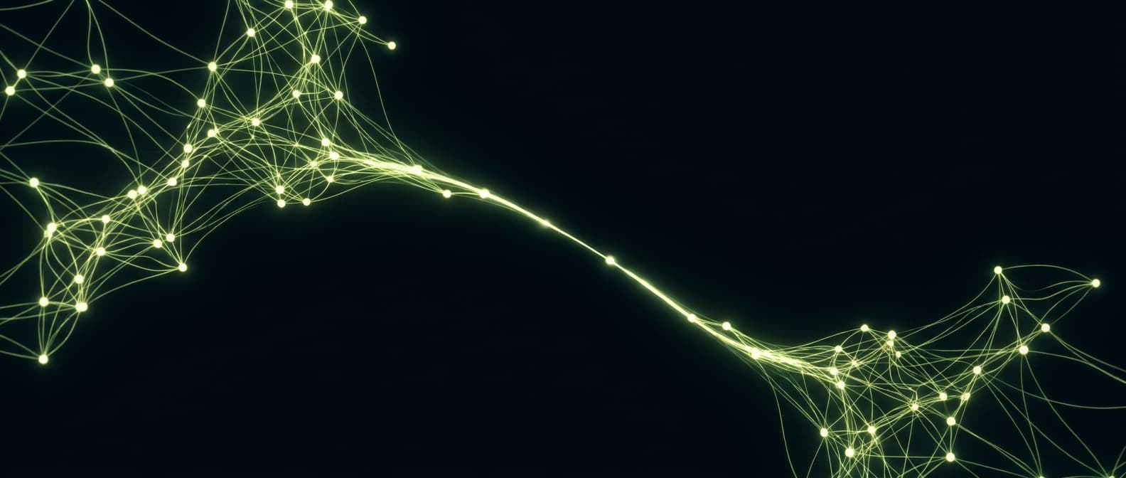 Abstract visualization: flowing green nodes on dark background — long-form vs short-form content for geo: what the citation data says
