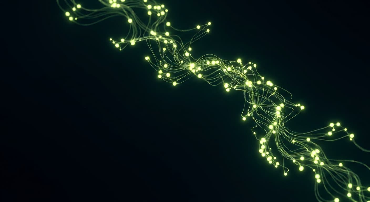 Abstract visualization: flowing green nodes on dark background — monthly geo reporting template: what to include, what to cut