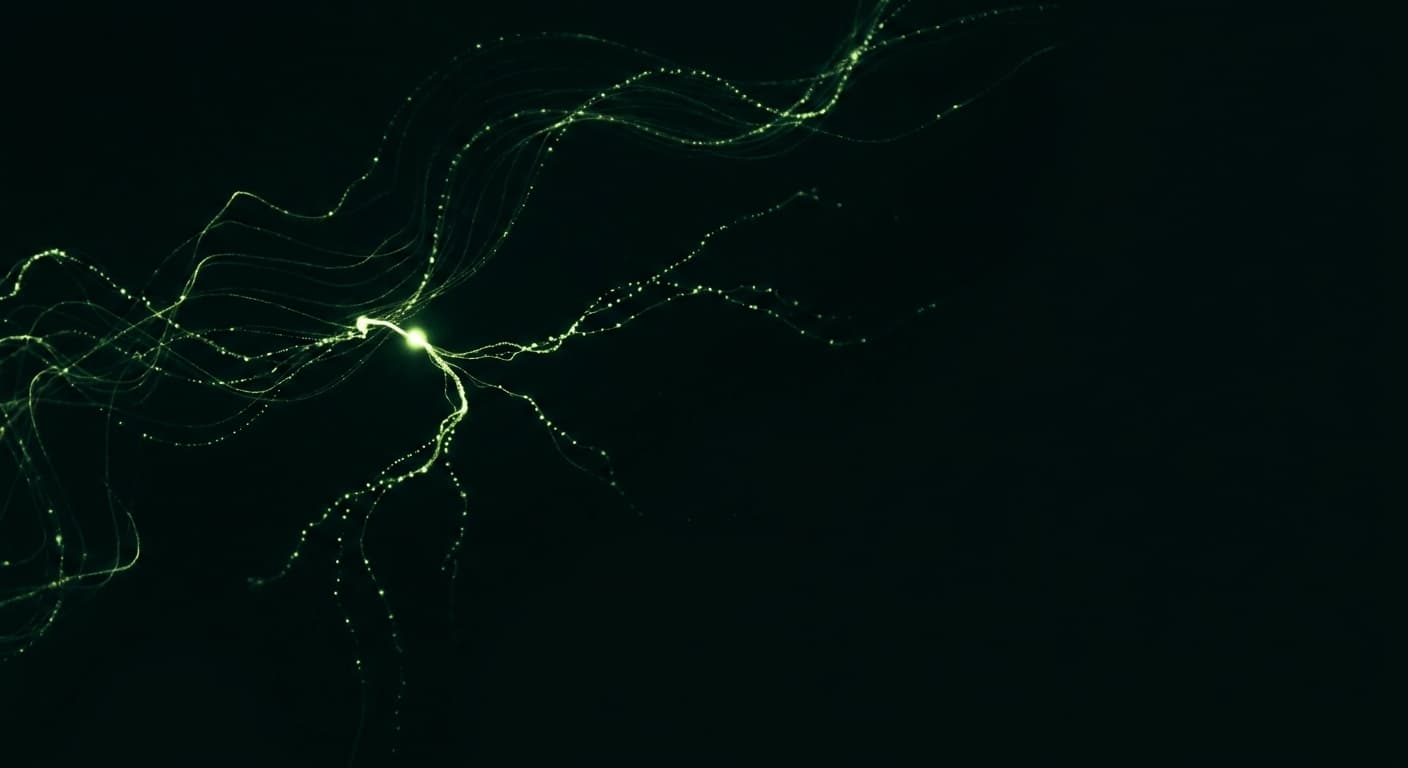 Abstract visualization: flowing green nodes on dark background — multi-market geo: how prompt volume scales with market count