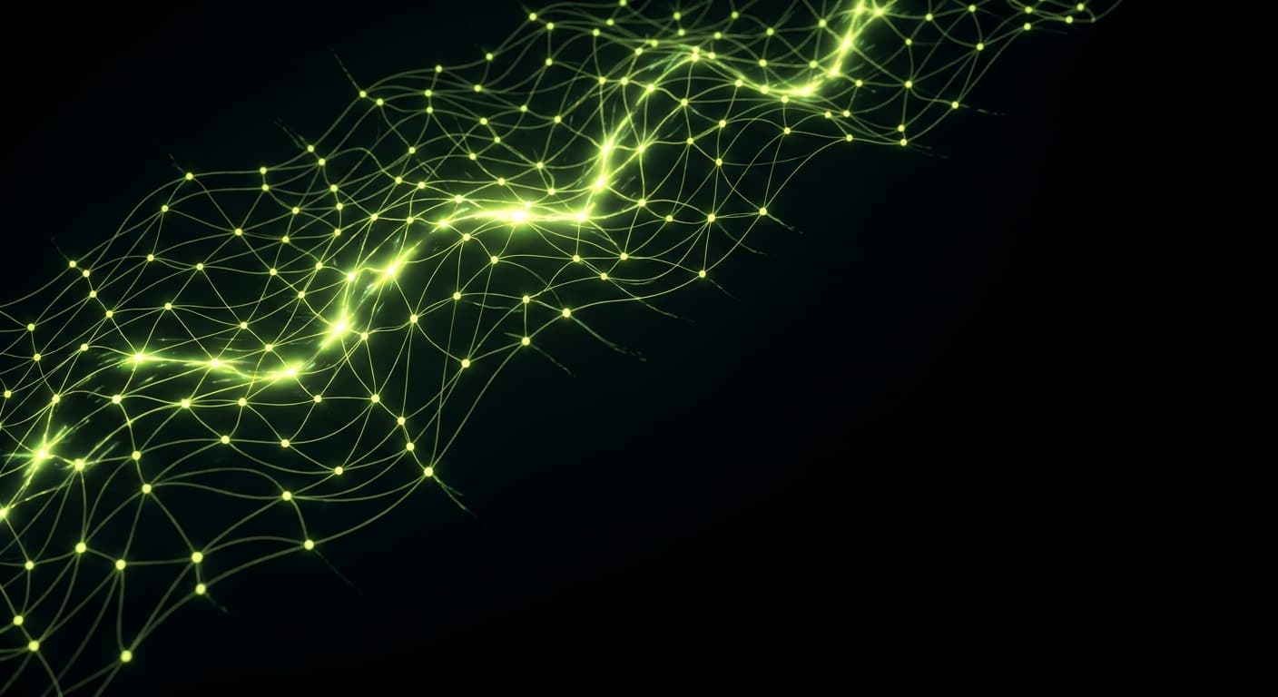 Abstract visualization: flowing green nodes on dark background — new schema types that matter for geo in 2026