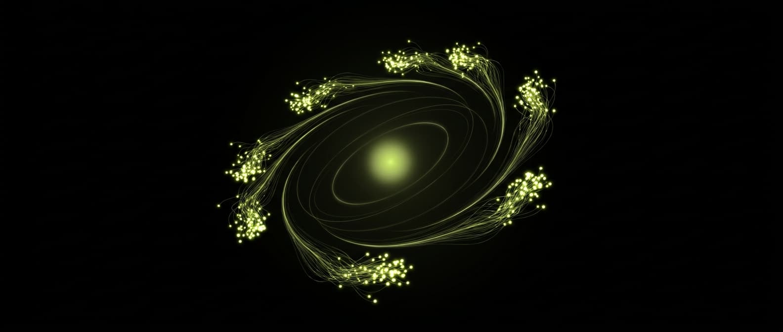 Abstract visualization: flowing green nodes on dark background — peec.ai alternatives: 7 geo platforms worth evaluating in 2026