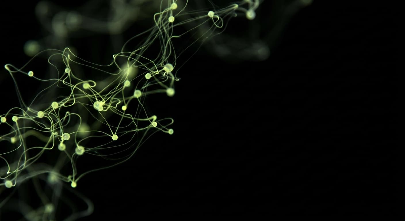 Abstract visualization: flowing green nodes on dark background — peec.ai review after 6 months: what it gets right and where it falls short